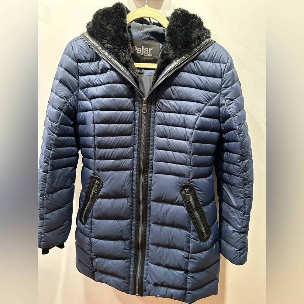 Pajar extra warm coat w navy blue w black faux fur trim as XL